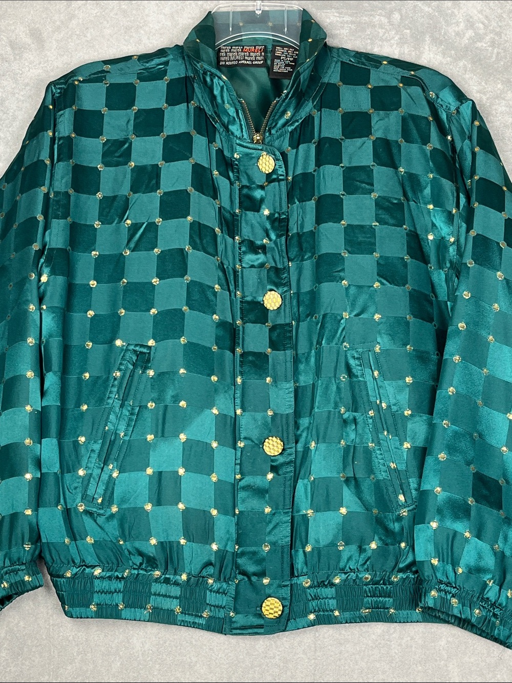 Vintage Mureli 100% Silk Teal Gold Checkered Bomber Jacket Petite S